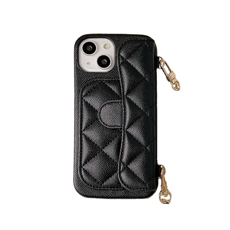 革の黒いiPhoneケース カードホルダーとストラップ- XK240401