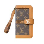 モノグラム柄レザー手帳型iPhoneケース 黒印刷(カード収納・ストラップ付き/ビッグプリント)-OKLB002