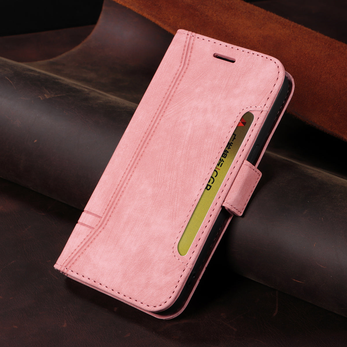 レザーピンクのiPhoneケース 手帳型カードホルダー-YYT241437