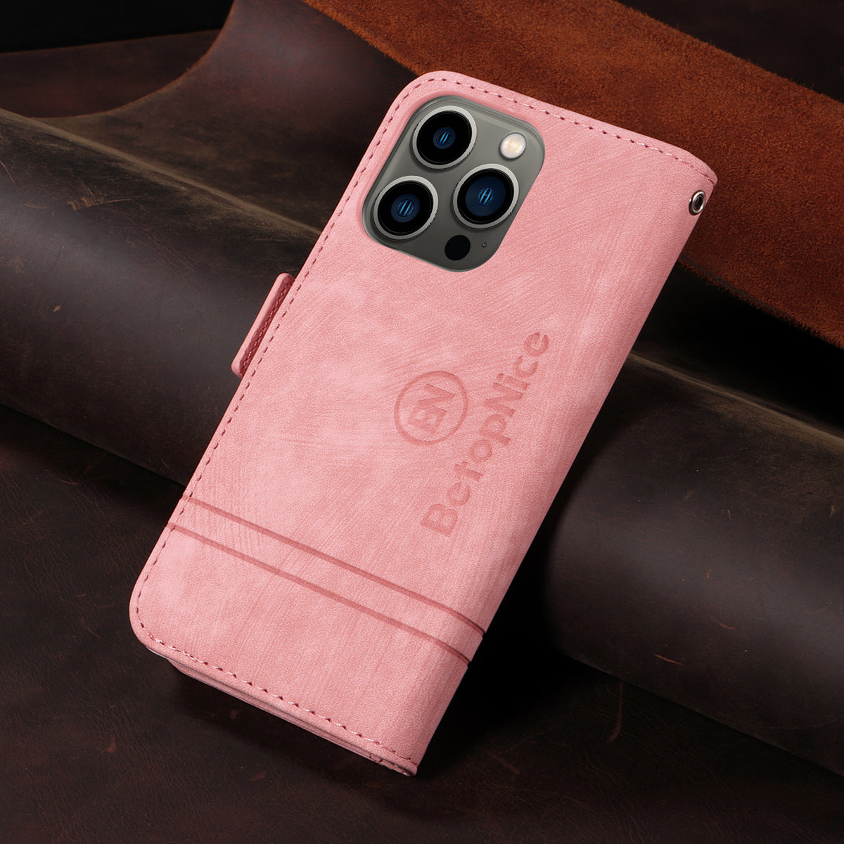 レザーピンクのiPhoneケース 手帳型カードホルダー-YYT241437