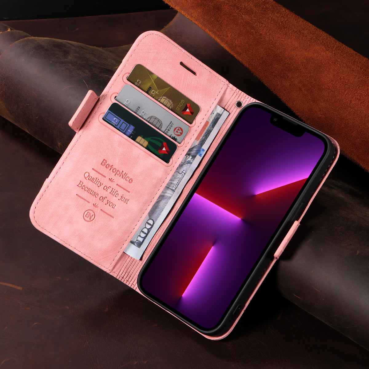 レザーピンクのiPhoneケース 手帳型カードホルダー-YYT241437