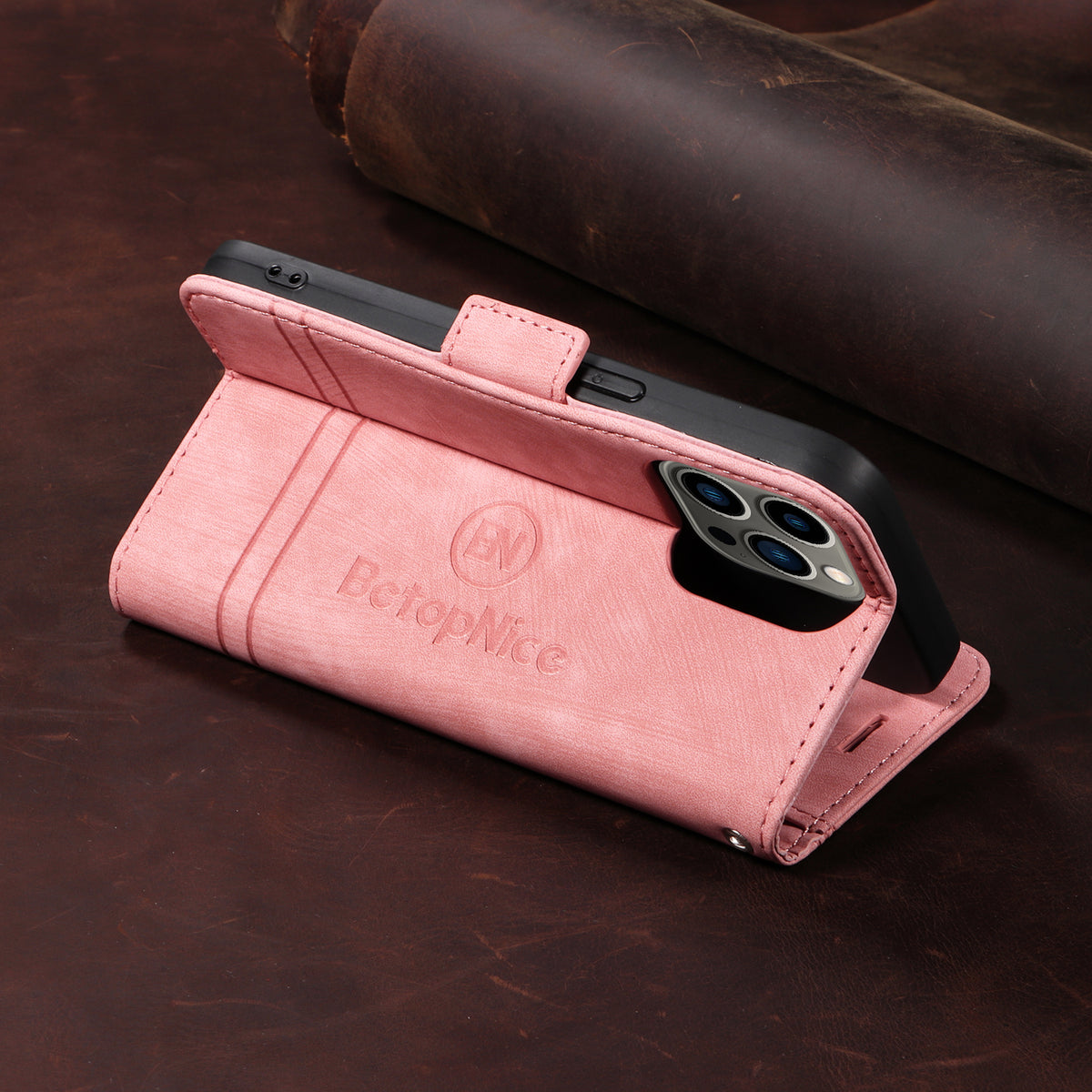 レザーピンクのiPhoneケース 手帳型カードホルダー-YYT241437