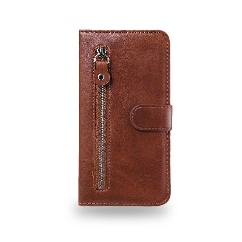 牛革製茶色のiPhoneケース ジッパー付き手帳型カードホルダー-LLN240709