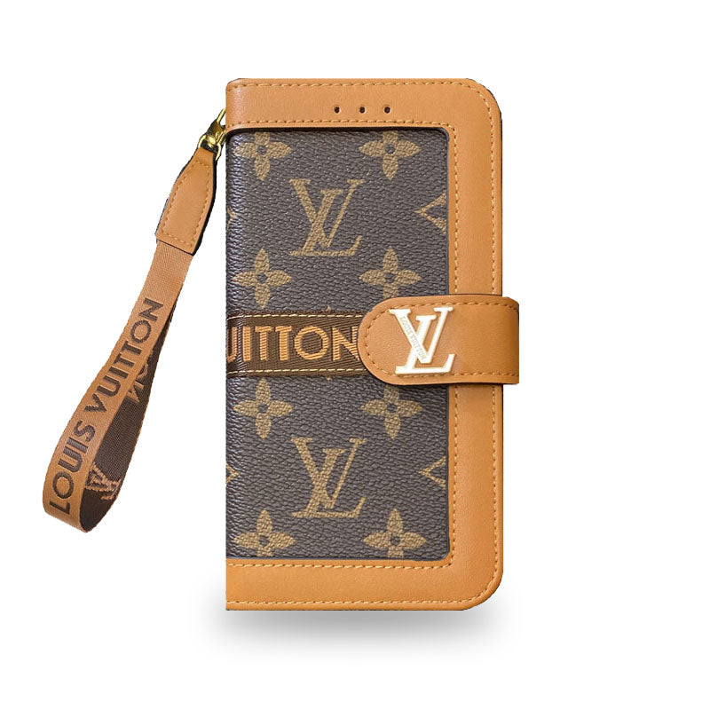 モノグラム柄レザー手帳型iPhoneケース 大きな印刷(カード収納・ストラップ付き/ビッグプリント)-OKLB002