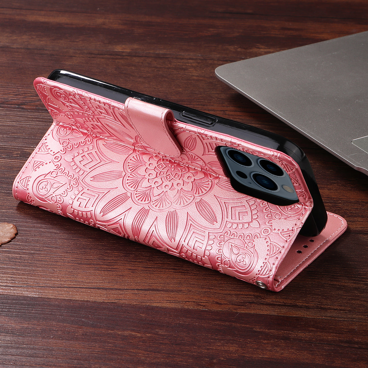 CレザーピンクのiPhoneケース 手帳型カードホルダー-XYH251415