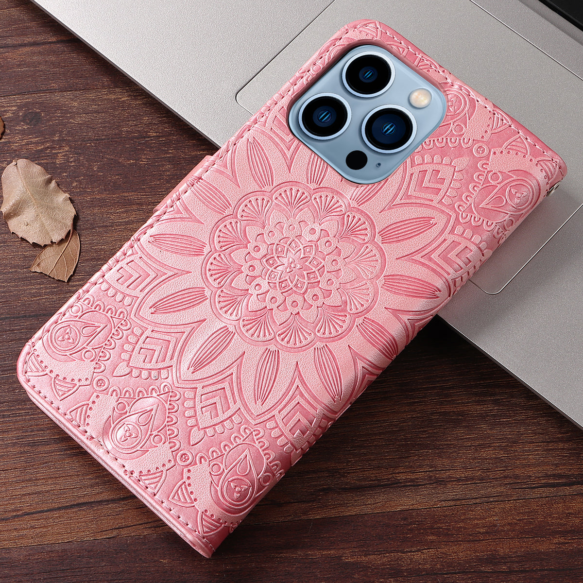 CレザーピンクのiPhoneケース 手帳型カードホルダー-XYH251415