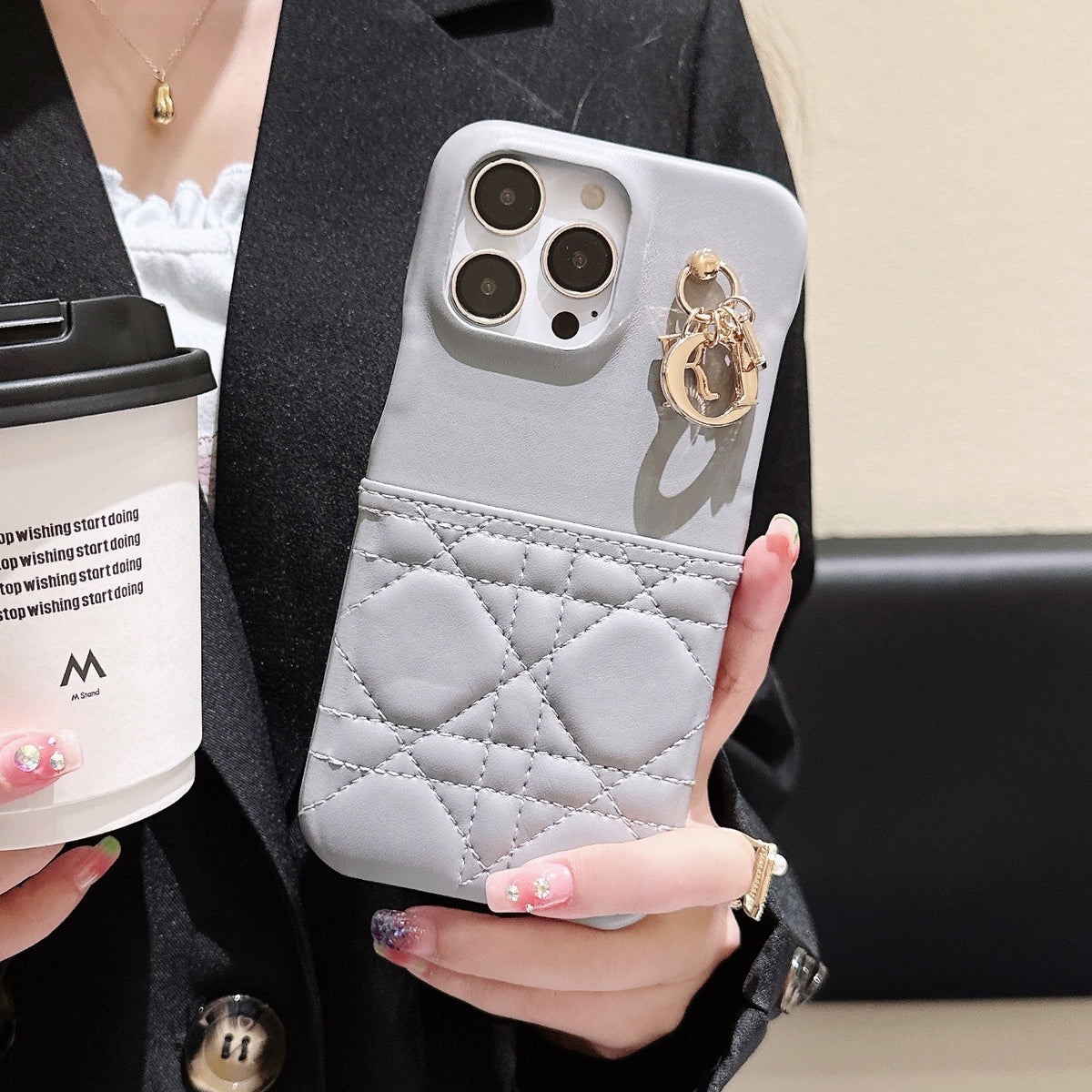 クラシックのCDのレザーグレーiPhoneケース&カードホルダー-JDK240513