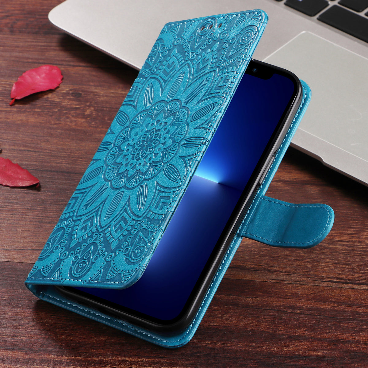 Cレザー青いiPhoneケース 手帳型カードホルダー-XYH241415