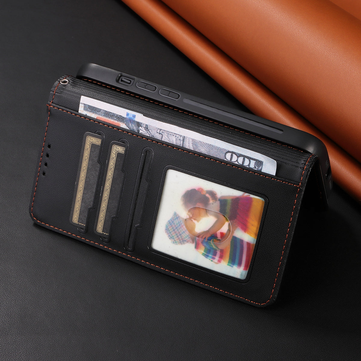 手帳型黒いレザーiPhoneケース カードホルダー(Magsafe) -YYT241531