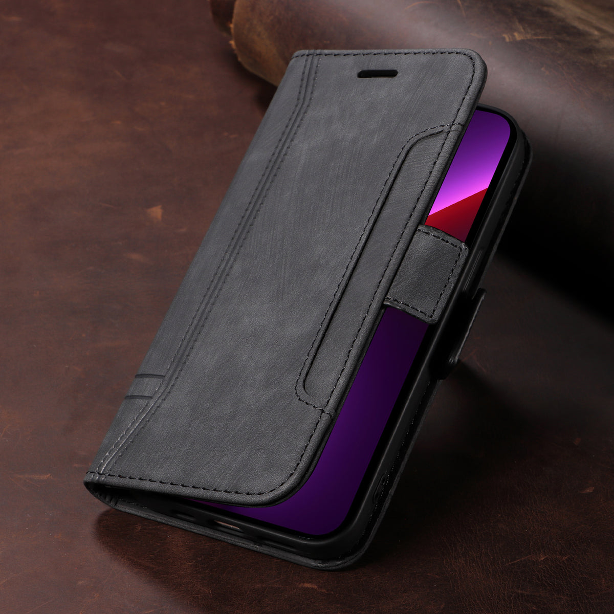 レザー黒のiPhoneケース 手帳型カードホルダー-YYT241437