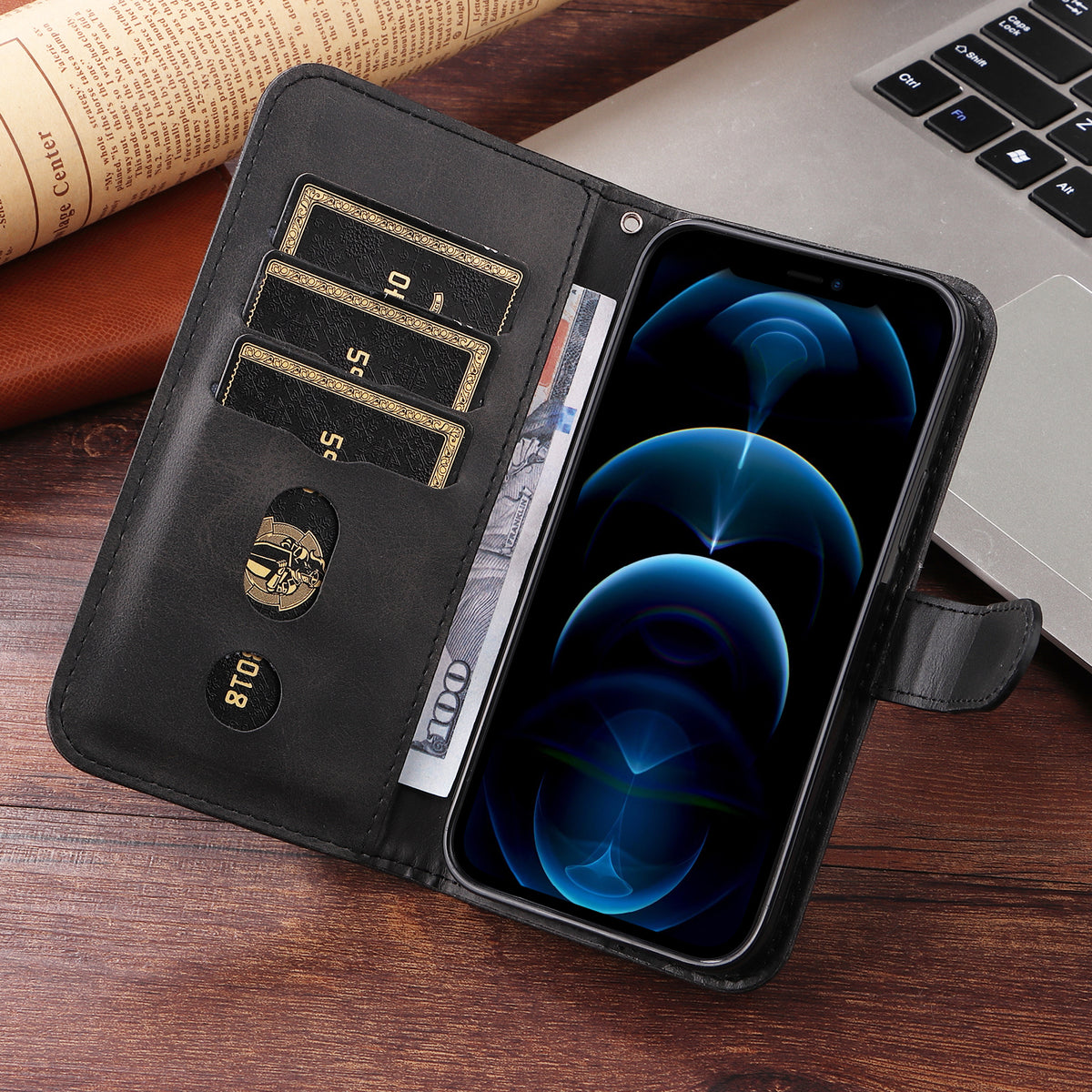 牛革製黒いiPhoneケース ジッパー付き手帳型カードホルダー-LLN240709