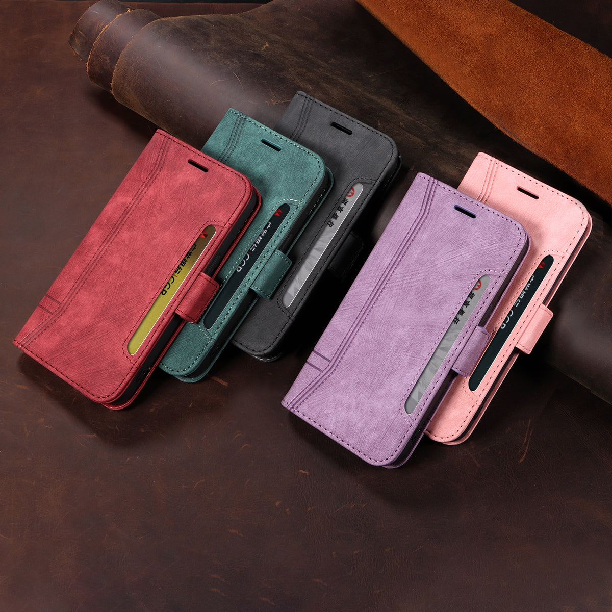 レザー黒のiPhoneケース 手帳型カードホルダー-YYT241437