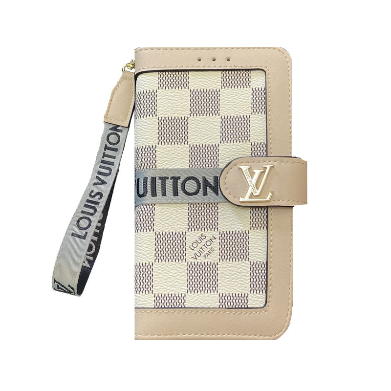 モノグラム柄レザー手帳型iPhoneケース 黒印刷(カード収納・ストラップ付き/ビッグプリント)-OKLB002