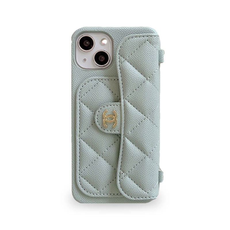 CC iPhoneケース、グリーンのカードホルダーとストラップ付き -SLK240104