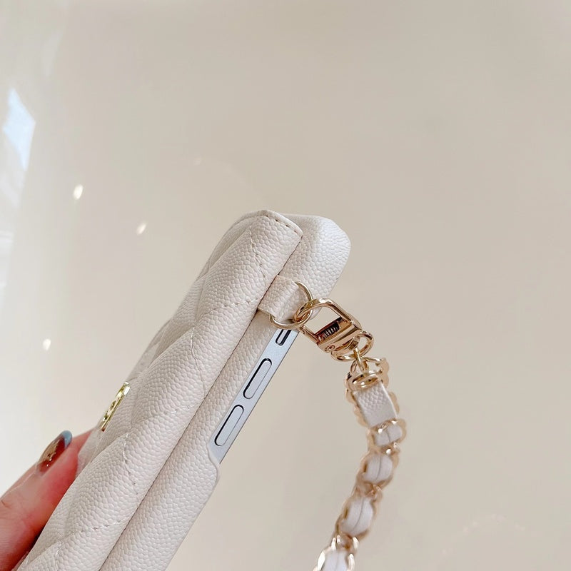 CC iPhoneケース、白いカードホルダーとストラップ付き -SLK240104