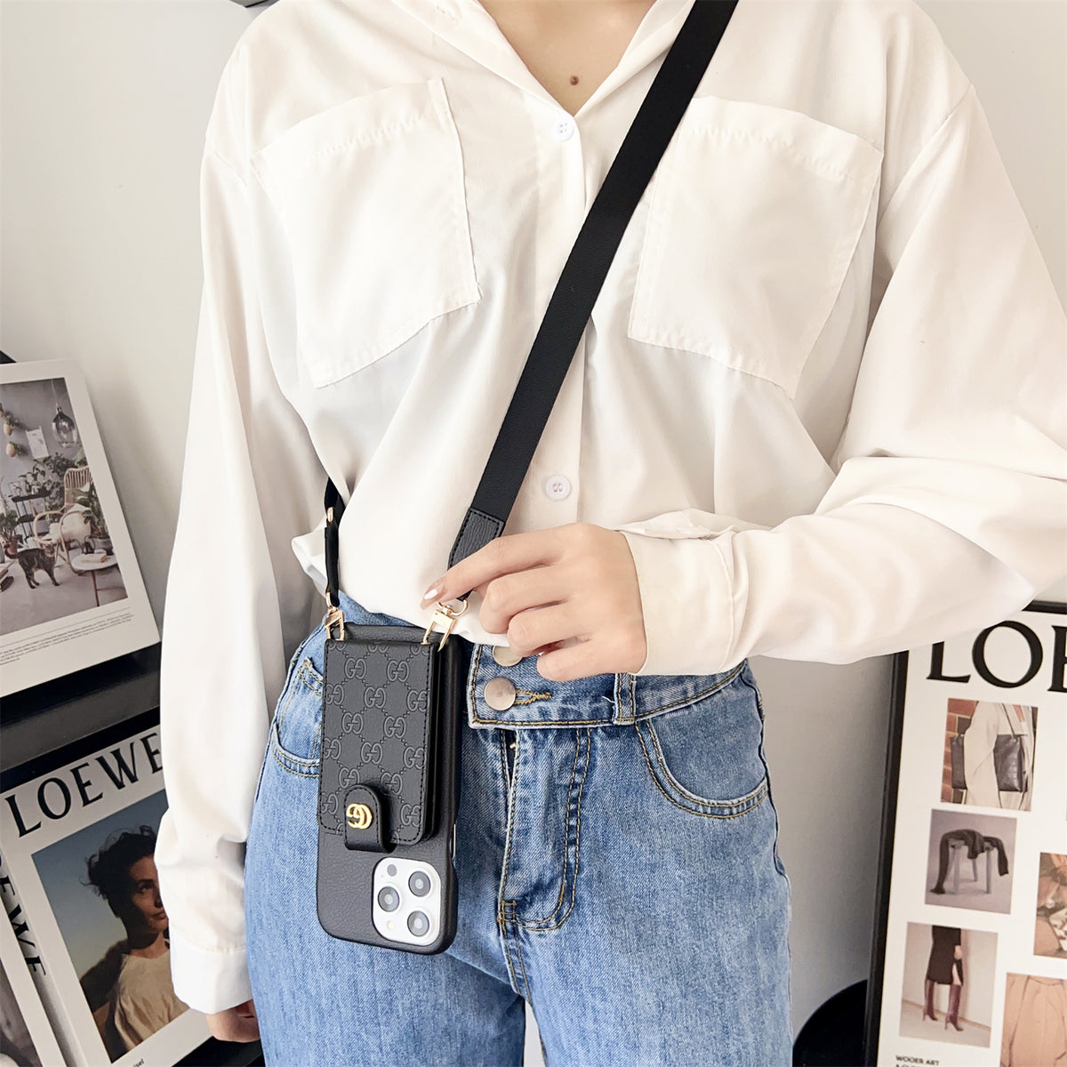 GGレザーブラックiPhoneケース,マウントとストラップ -SXK240513