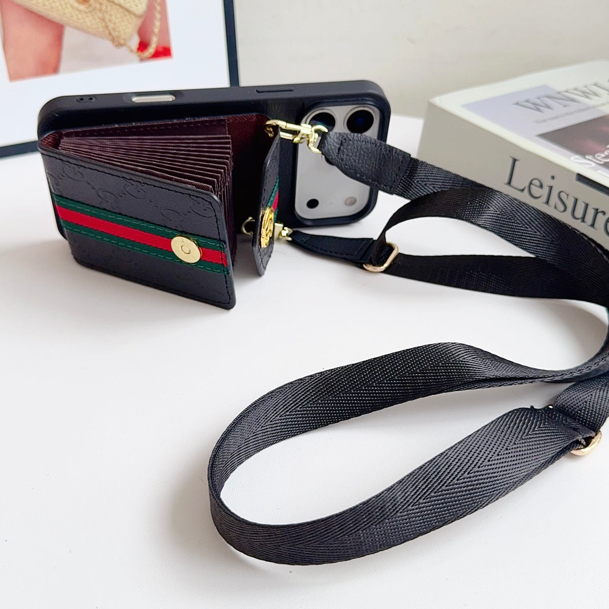 ラグジュアリーGG ウォレット&ショルダーストラップ付 iPhoneケース 黒-OKGG001
