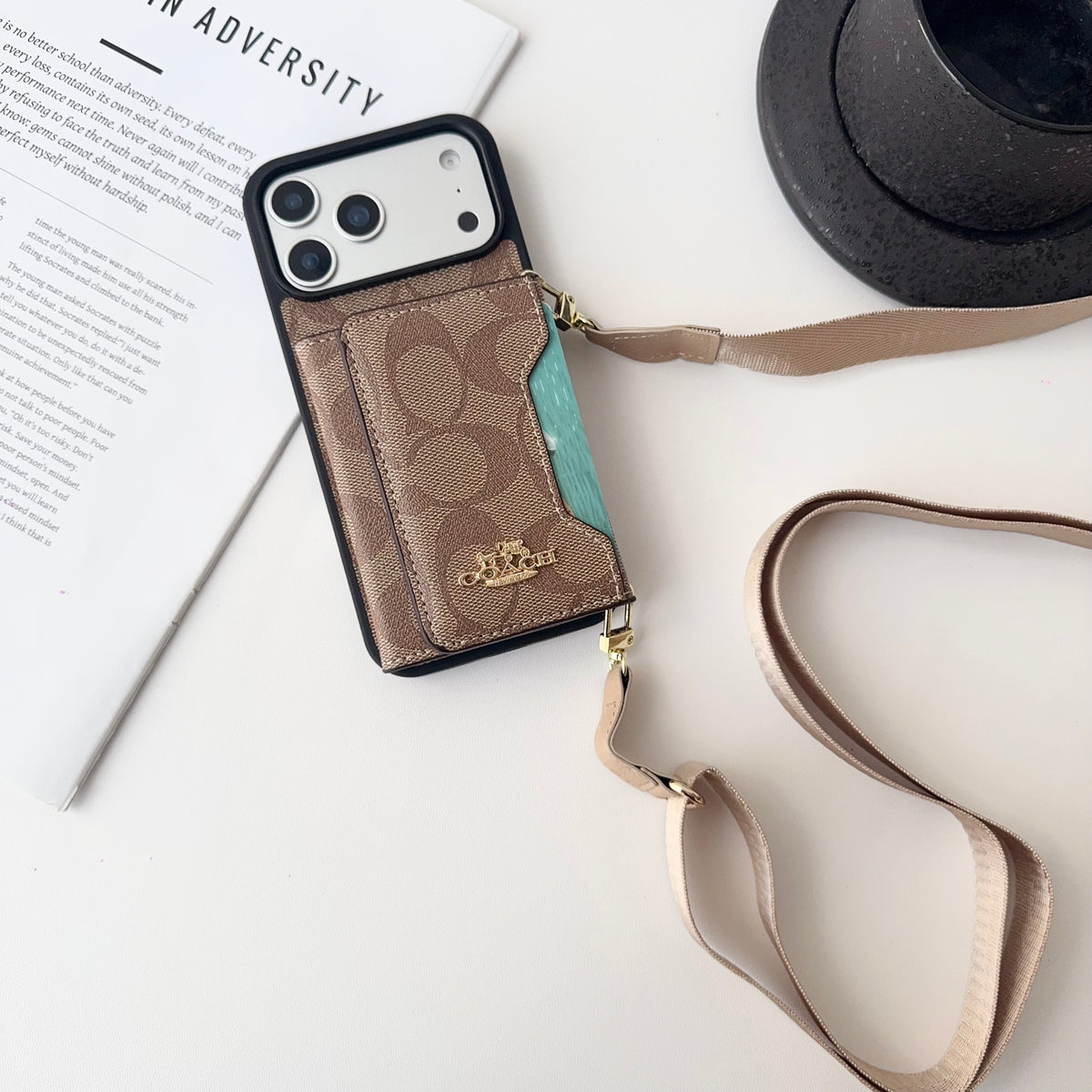 高級CH ウォレット&ショルダーストラップ付 iPhoneケース ブラウン-OKCH003