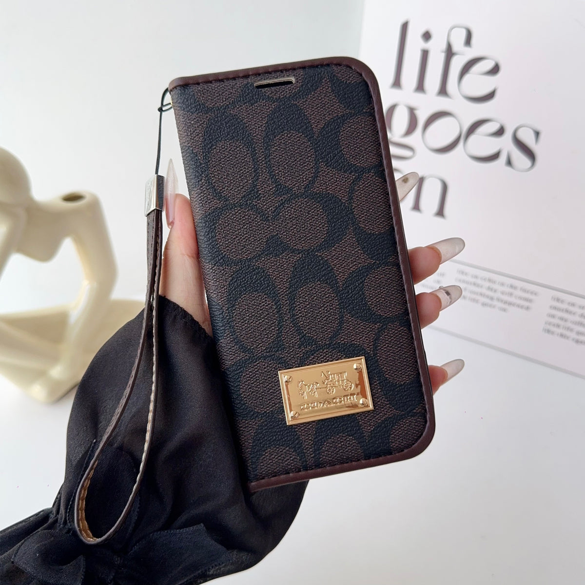 CH高級レザー 折りたたみウォレット iPhoneケース 茶色-OKCH002