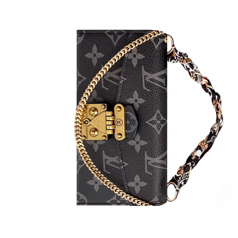 高級レザーフォリオ モノグラムiPhoneケース（カードホルダー・ストラップ付き）-OKMTY004