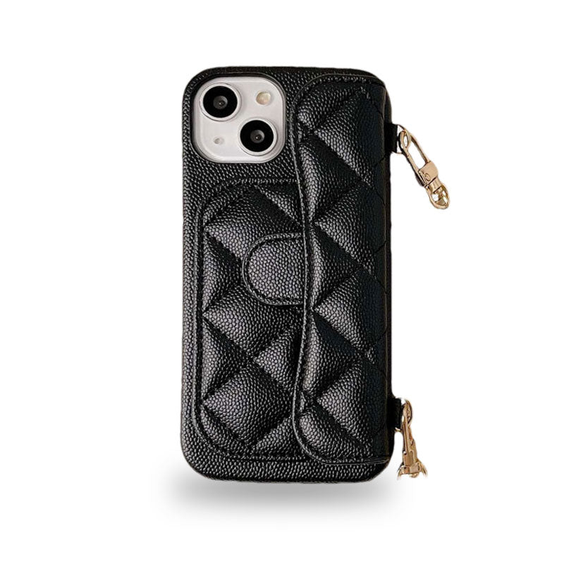 革の黒いiPhoneケース カードホルダーとストラップ- XK240401