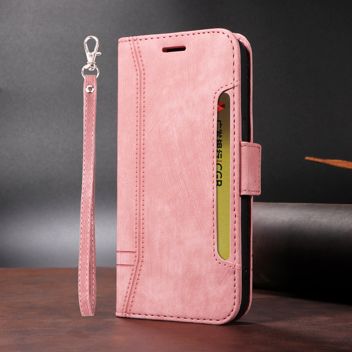 レザーピンクのiPhoneケース　手帳型カードホルダー-YYT241437