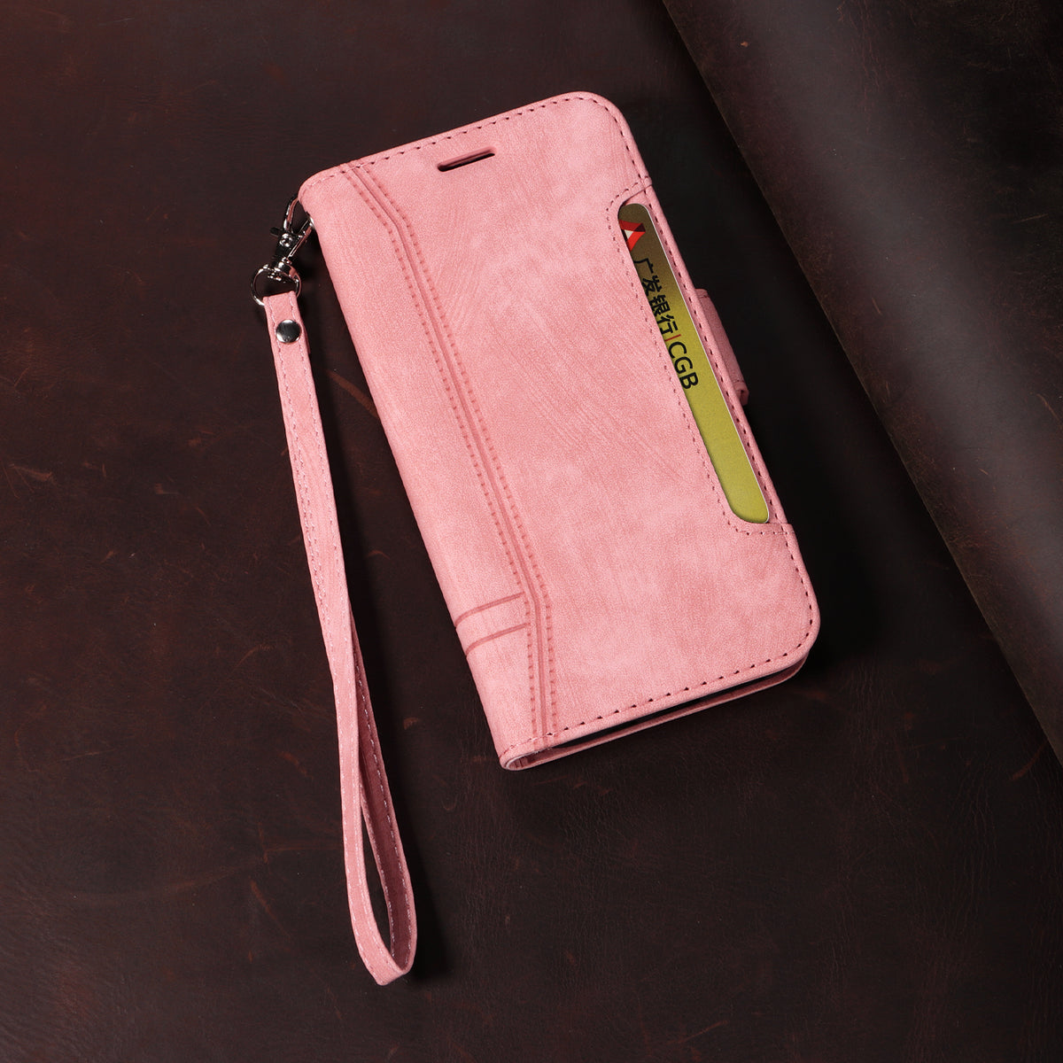 レザーピンクのiPhoneケース　手帳型カードホルダー-YYT241437