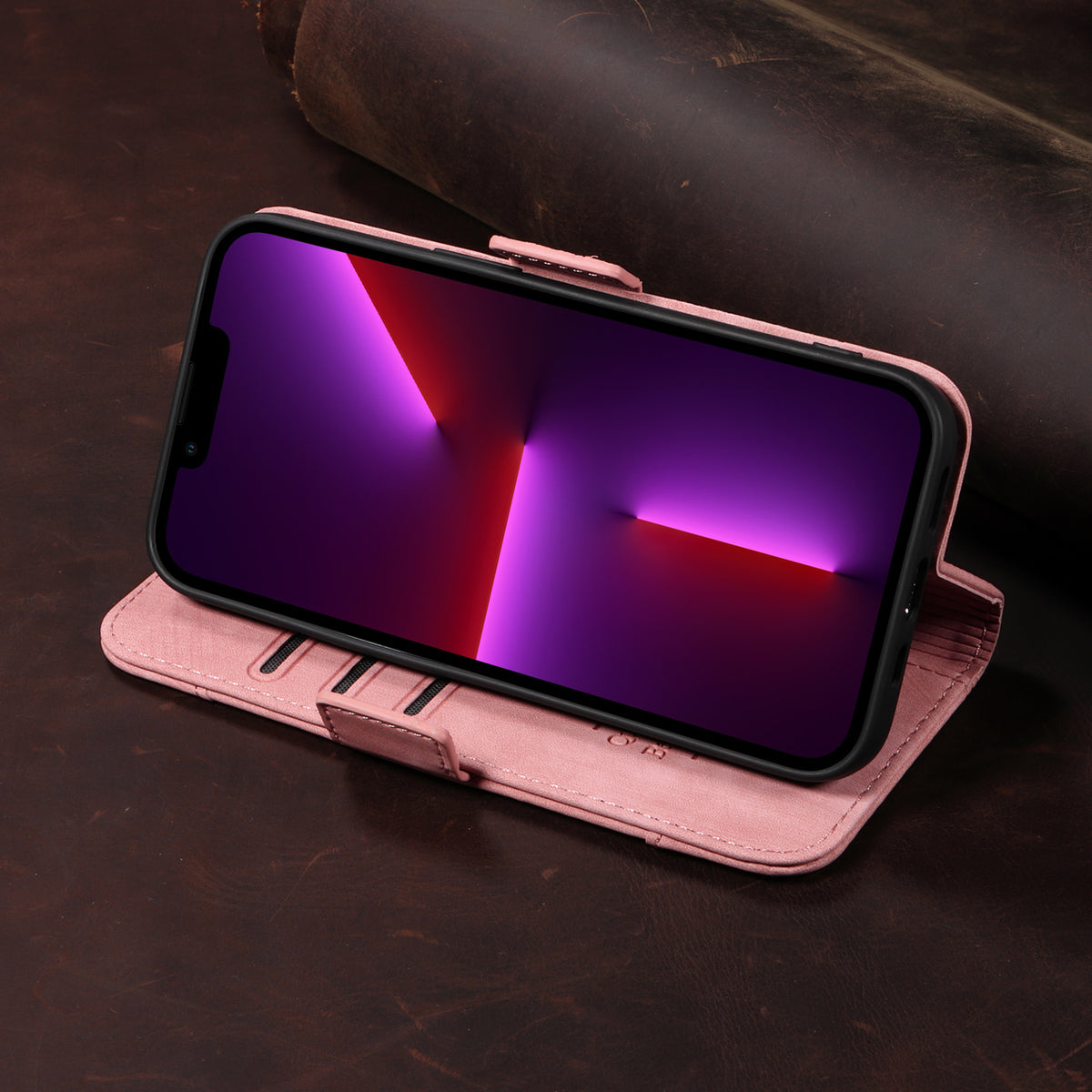 レザーピンクのiPhoneケース　手帳型カードホルダー-YYT241437