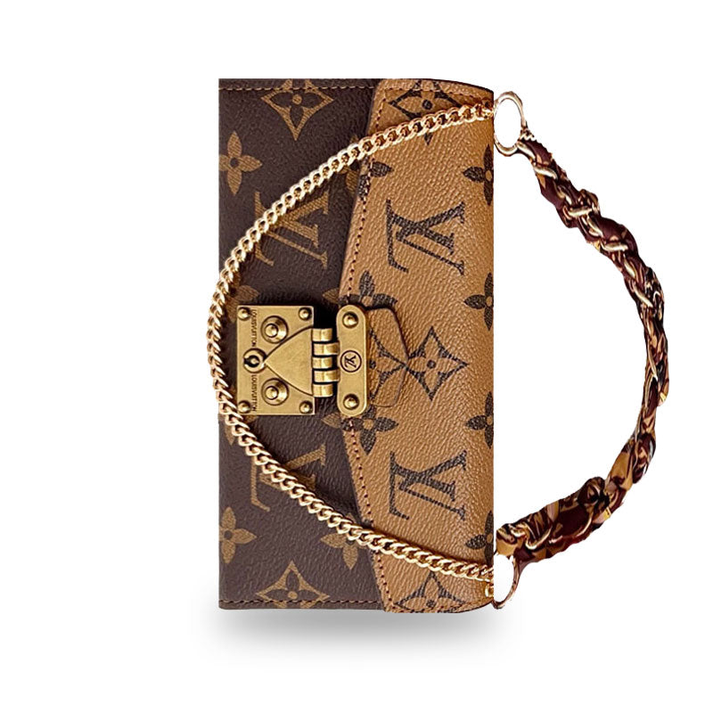 高級レザーフォリオ モノグラムiPhoneケース（カードホルダー・ストラップ付き）-OKMTY004