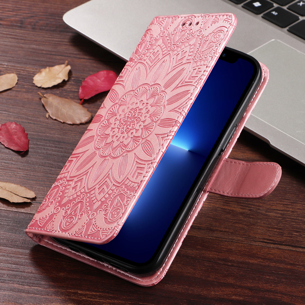 CレザーピンクのiPhoneケース　手帳型カードホルダー-XYH251415