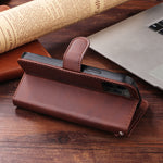 牛革製茶色のiPhoneケース ジッパー付き手帳型カードホルダー-LLN240709