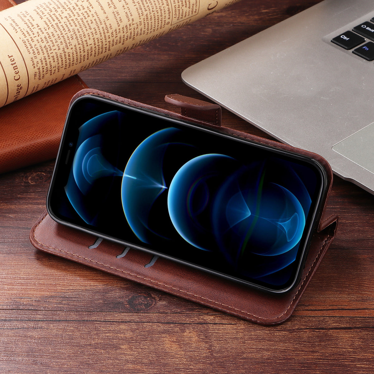 牛革製茶色のiPhoneケース ジッパー付き手帳型カードホルダー-LLN240709