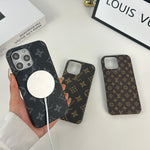 ラグジュアリーレザーのMonogram マグネット対応 iPhoneケース黑印刷-OKLV023