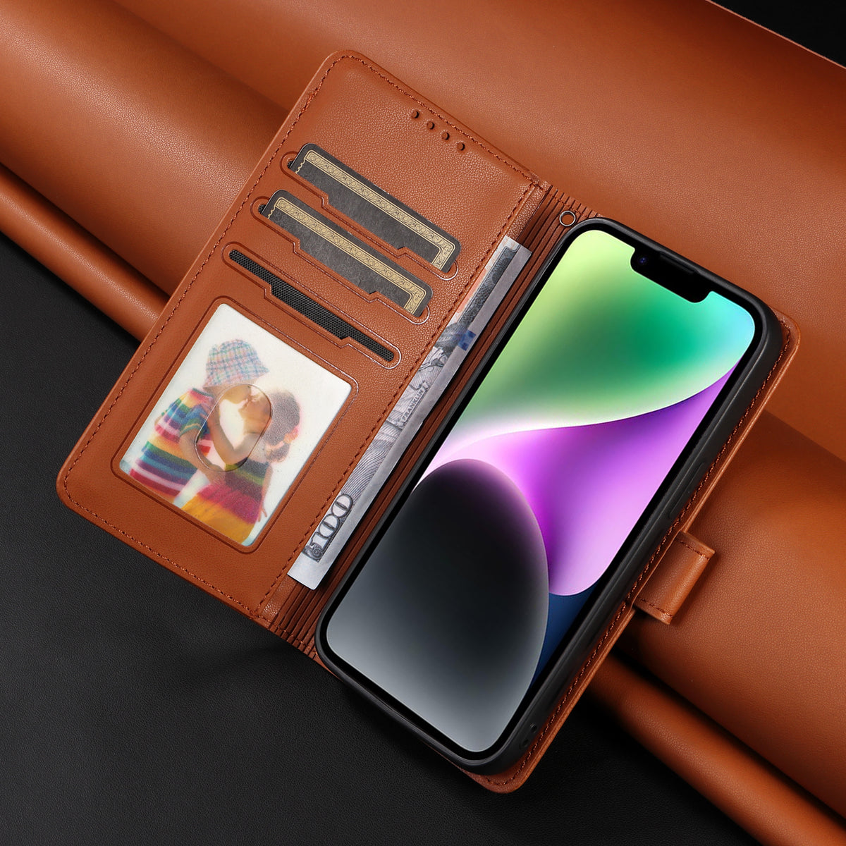 手帳型茶色のレザーiPhoneケース カードホルダー(Magsafe) -YYT251531