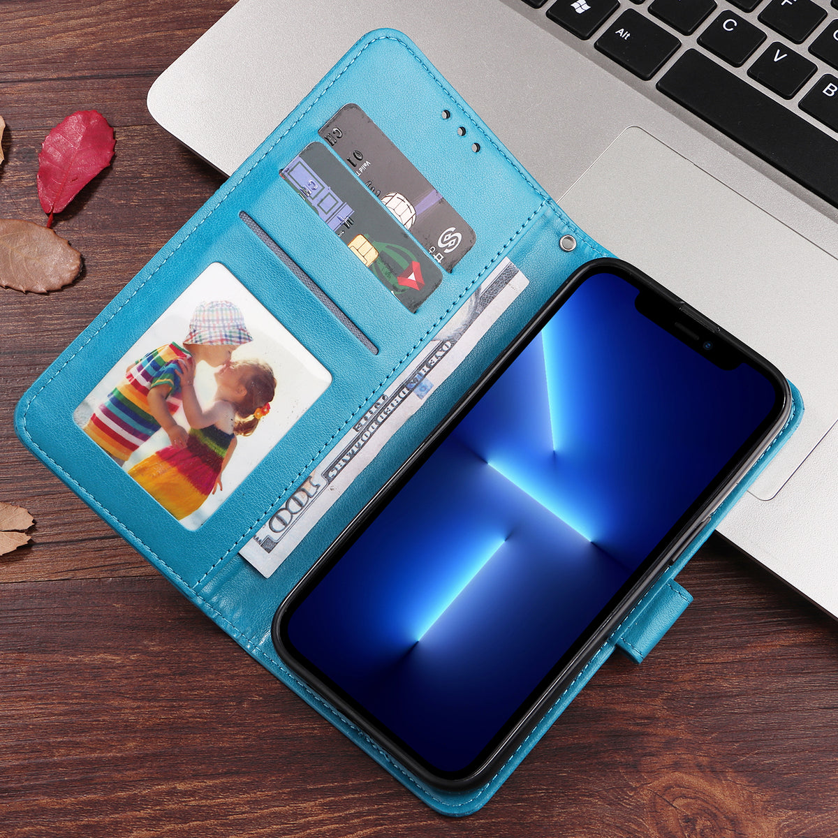 Cレザー青いiPhoneケース　手帳型カードホルダー-XYH241415