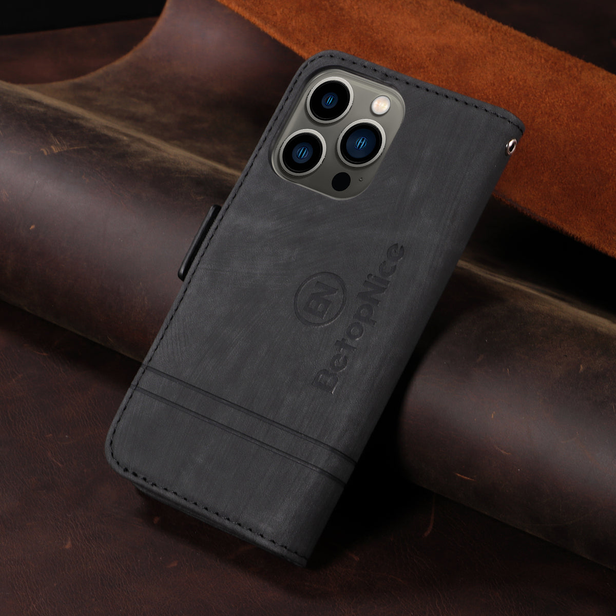 レザー黒のiPhoneケース　手帳型カードホルダー-YYT241437