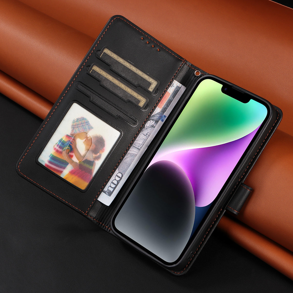 手帳型黒いレザーiPhoneケース カードホルダー(Magsafe) -YYT241531