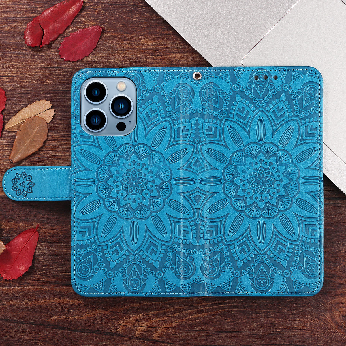 Cレザー青いiPhoneケース　手帳型カードホルダー-XYH241415