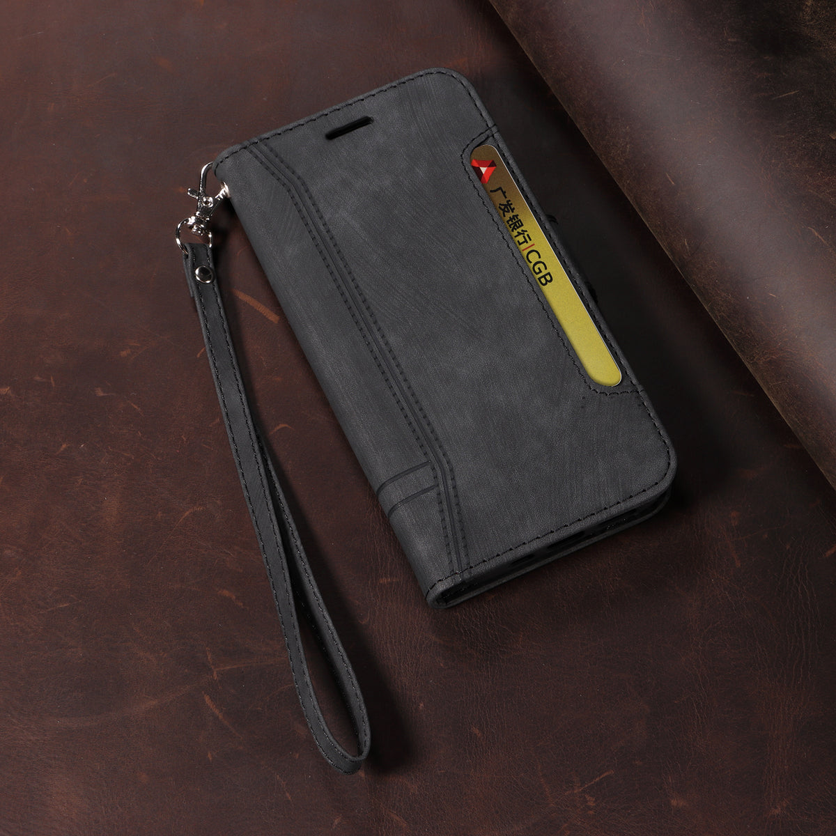 レザー黒のiPhoneケース　手帳型カードホルダー-YYT241437