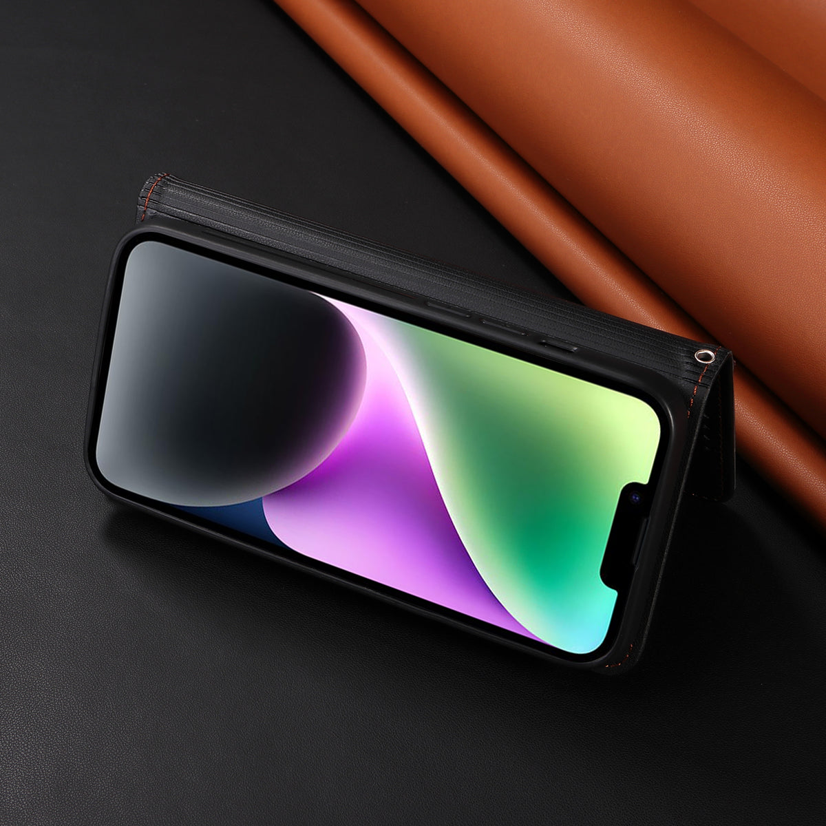 手帳型黒いレザーiPhoneケース カードホルダー(Magsafe) -YYT241531