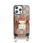 クラシックな茶色のGG iPhoneケース、パスケースとストラップ-TDK240330