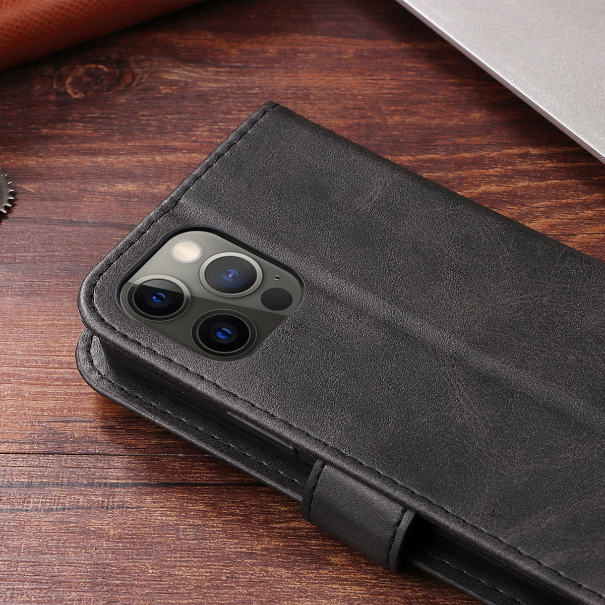 牛革製黒いiPhoneケース ジッパー付き手帳型カードホルダー-LLN240709