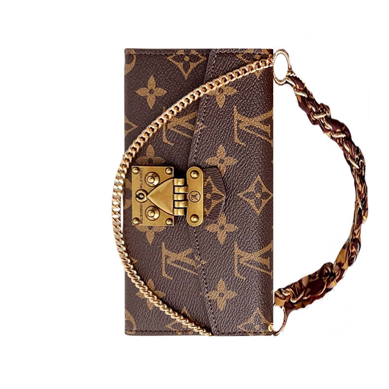 高級レザーフォリオ モノグラムiPhoneケース（カードホルダー・ストラップ付き）-OKMTY004