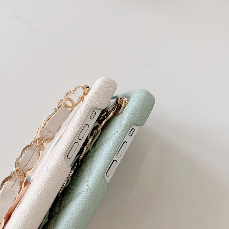 CC iPhoneケース、グリーンのカードホルダーとストラップ付き -SLK240104