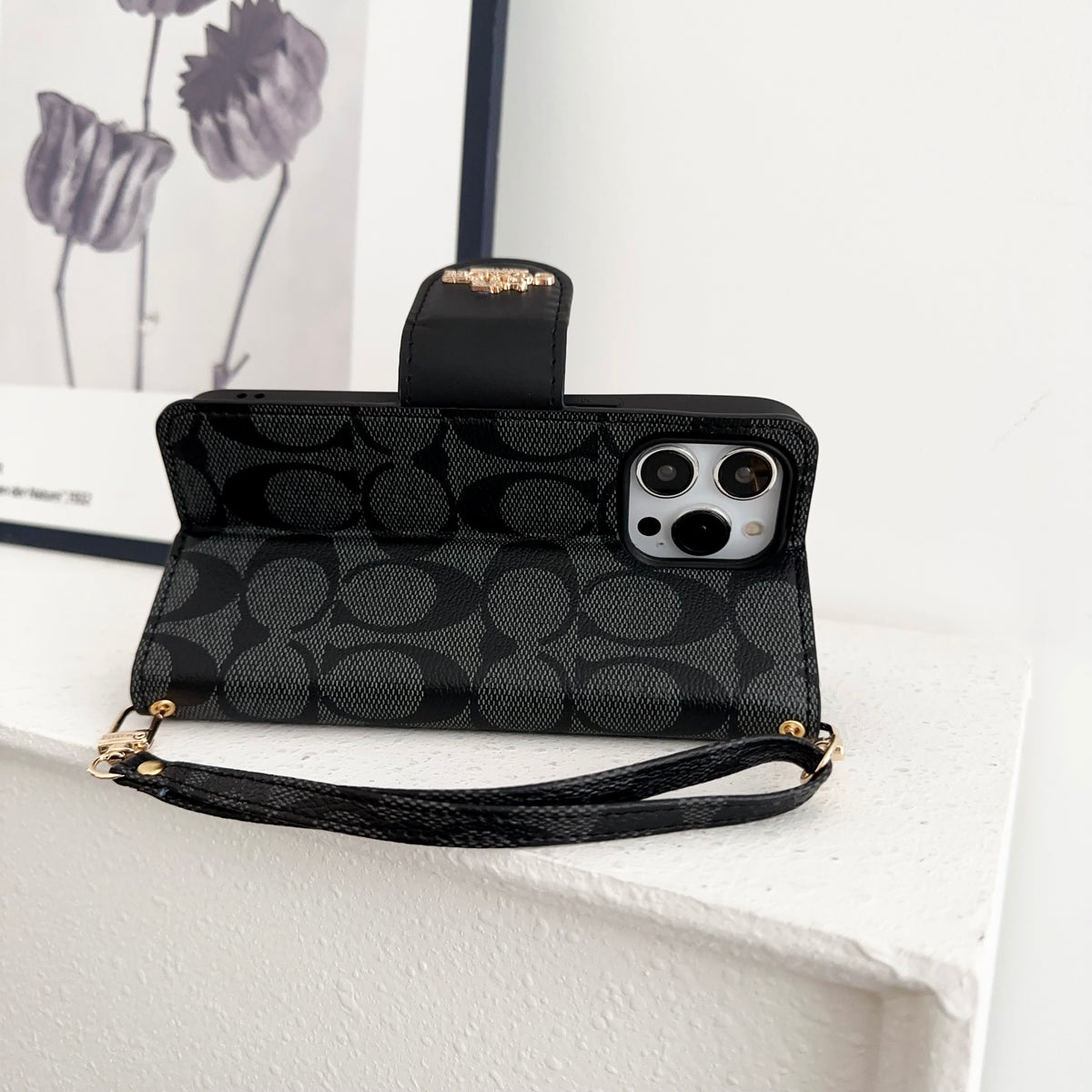 CH黒のレザーiPhoneフラップケース,カードケース付き-PTK241622