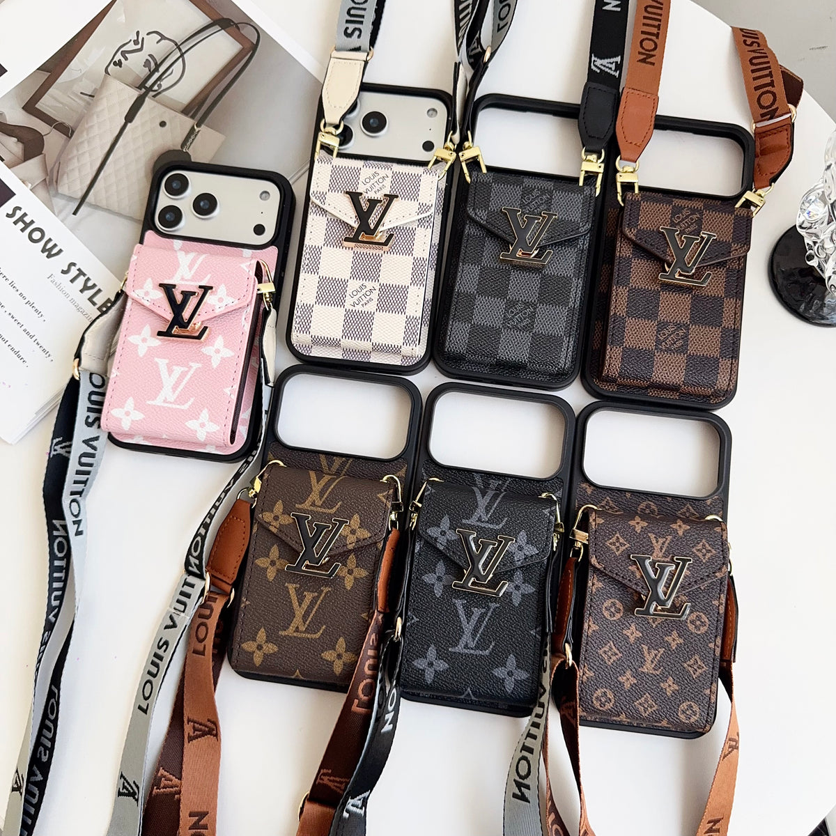 上品Monogram ウォレット＆ショルダーストラップ付 iPhoneケース 黒-OKLV003