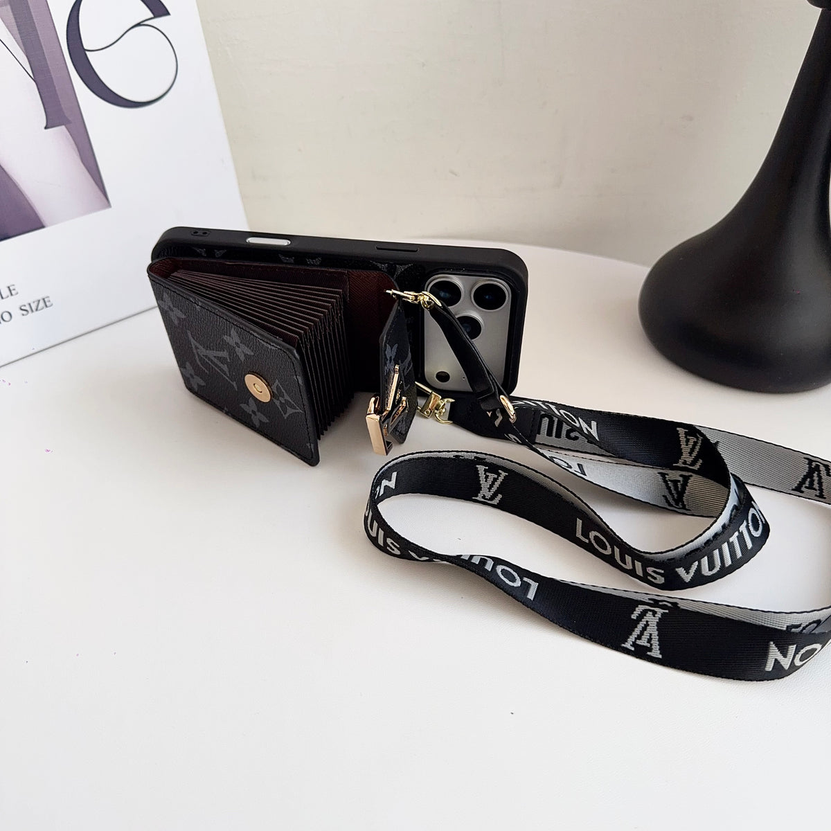 上品Monogram ウォレット＆ショルダーストラップ付 iPhoneケース 黒-OKLV003