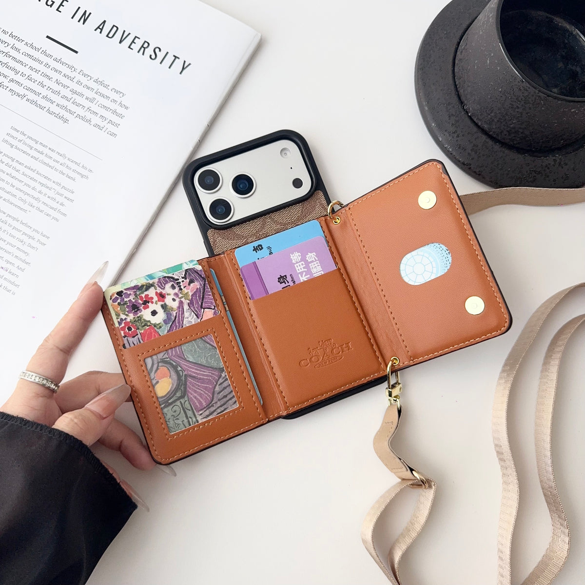 高級CH ウォレット＆ショルダーストラップ付 iPhoneケース ブラウン-OKCH003