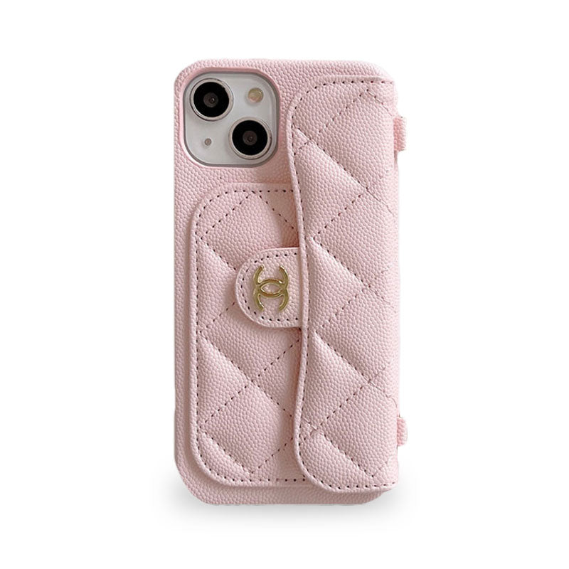 CC iPhoneケース、ピンクのカードホルダーとストラップ付き -SLK240104